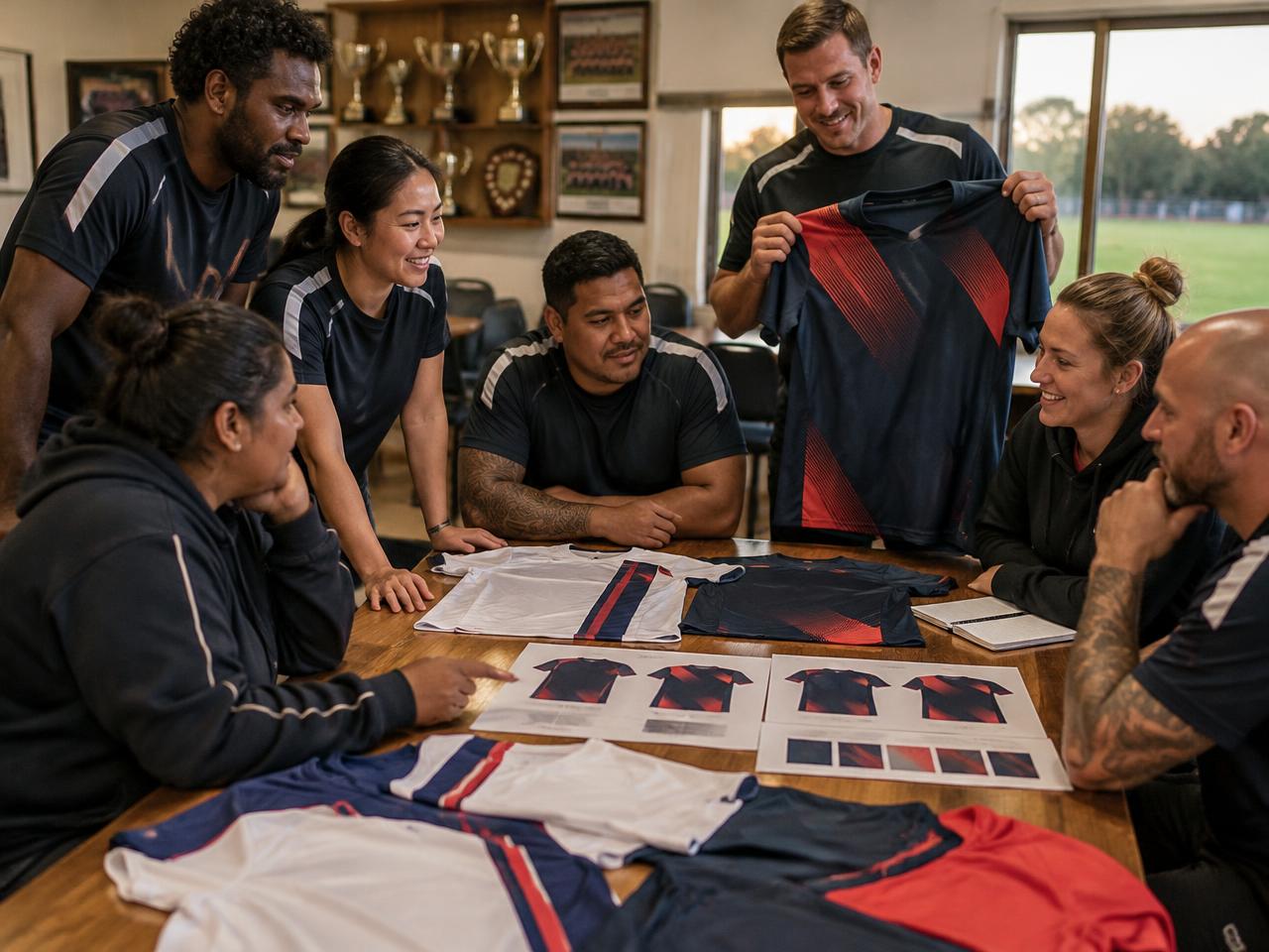 A first responder soccer team reviewing a new kit design with jersey samples on a table