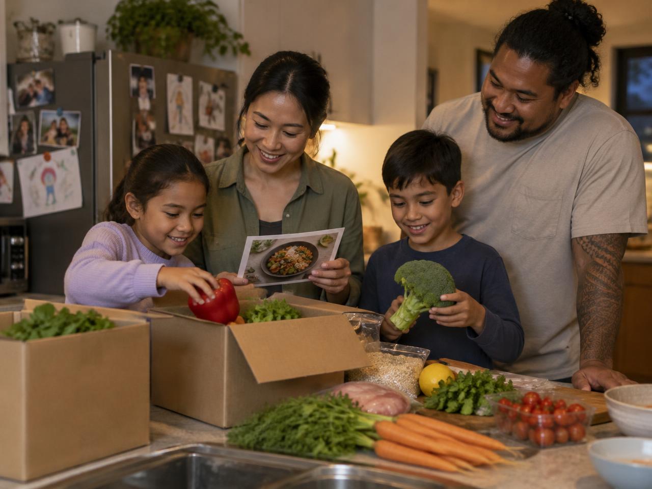 A family reviewing a healthy meal-kit at their kitchen bench
