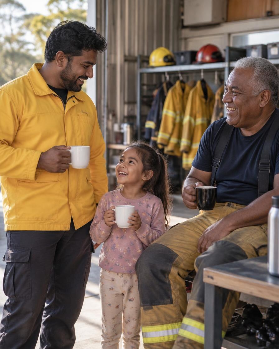 A volunteer firefighter sharing coffee with family at a station