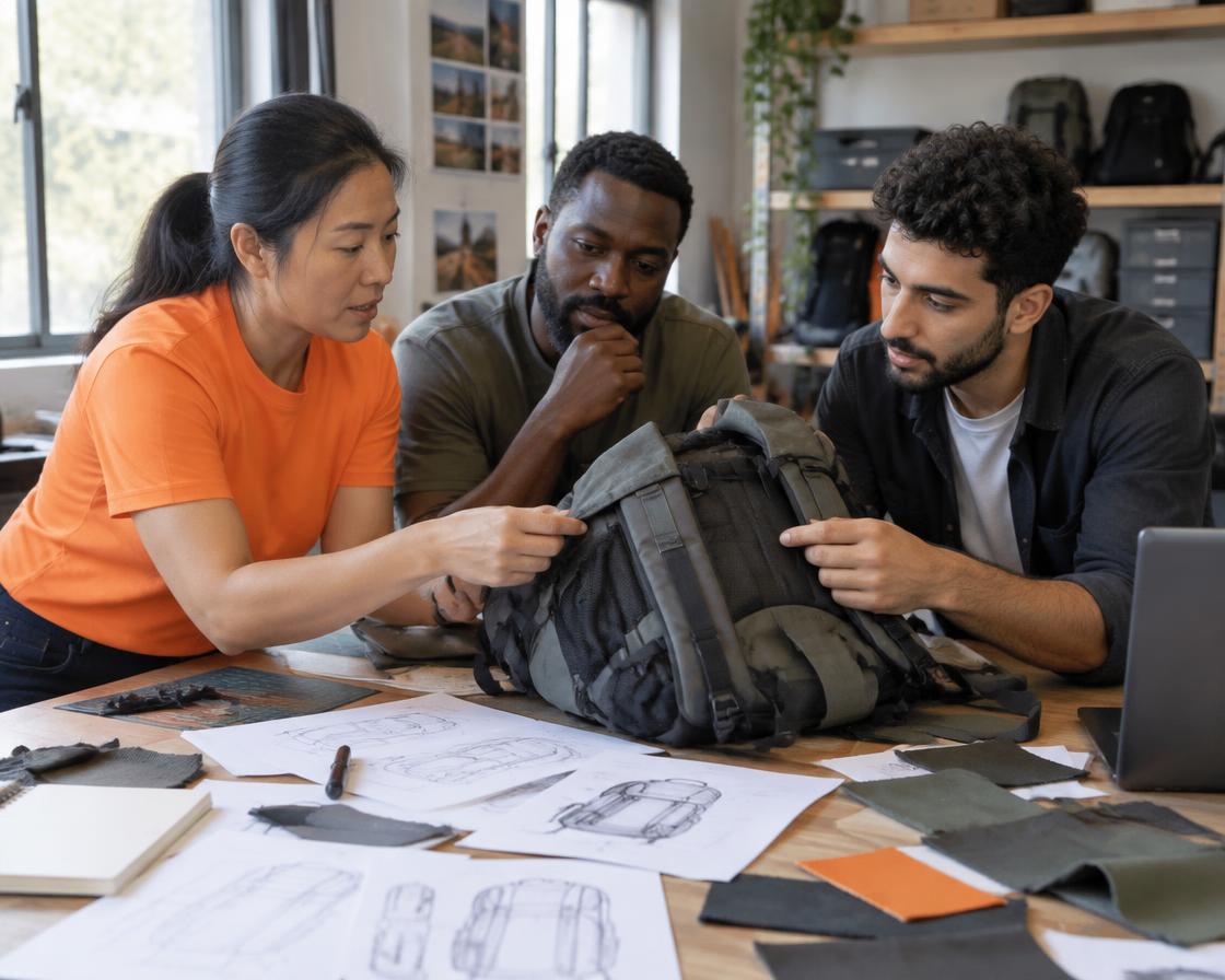 SES volunteers reviewing a prototype backpack with a designer